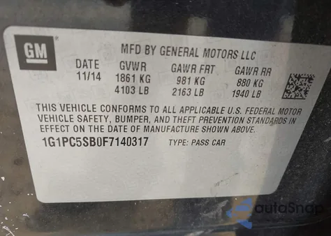 2015 Chevrolet Cruze 1Lt Auto z USA, uszkodzony, nr VIN 1G1PC5SB0F7140317